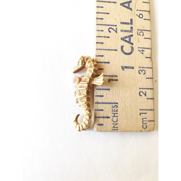 Seahorse Pin with Genuine Pearl 14K Gold Hallmarked Vintage Antique Jewelry - Picture 4 of 6